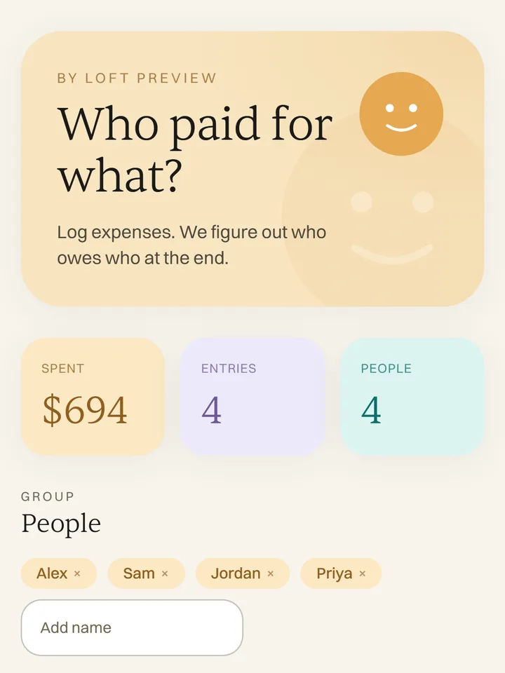The Expense Splitter app, four people, gas and the cabin, and who pays whom.