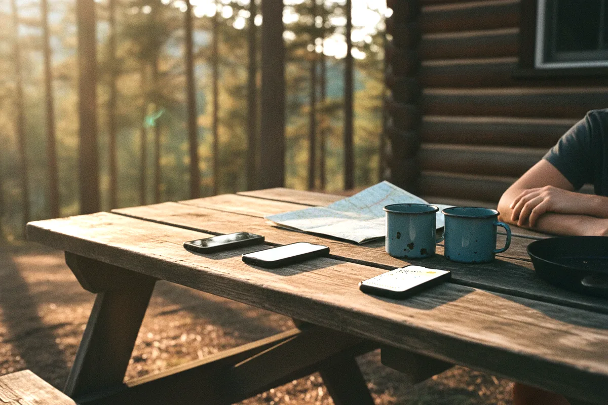 A wooden picnic table outside a cabin at golden hour with three phones and enamel mugs, one phone showing the expense splitter.
