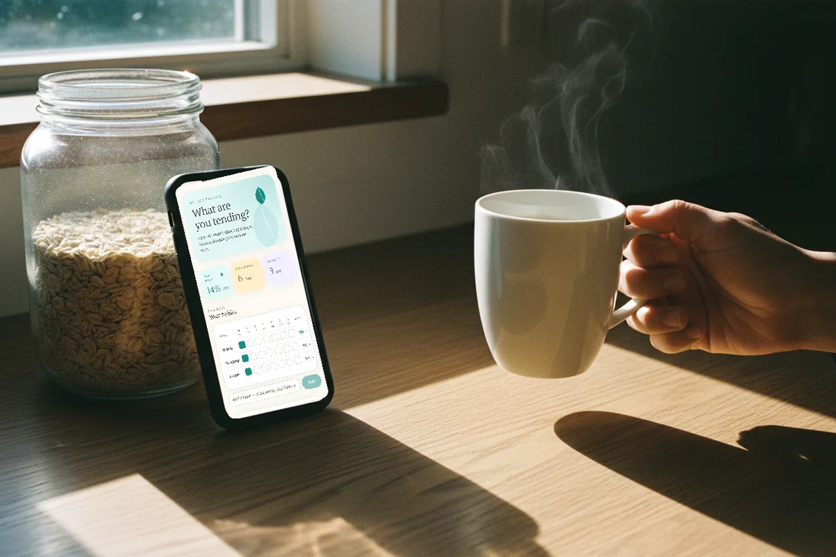 The same kitchen, closer: a mug in hand and the habit streak app on a phone with all three habits ticked, warm morning sun.
