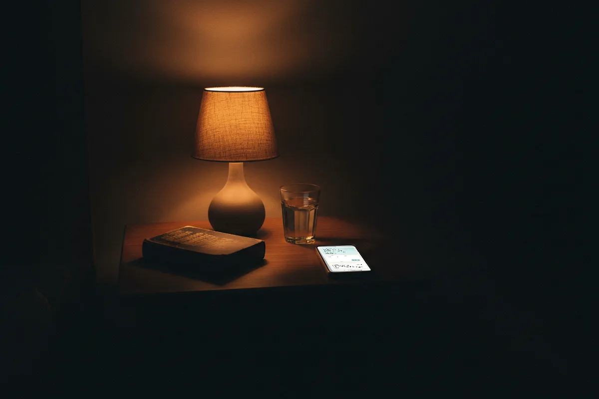 A nightstand with a paperback and a phone under a small linen lamp, the reflection app showing one observation back.