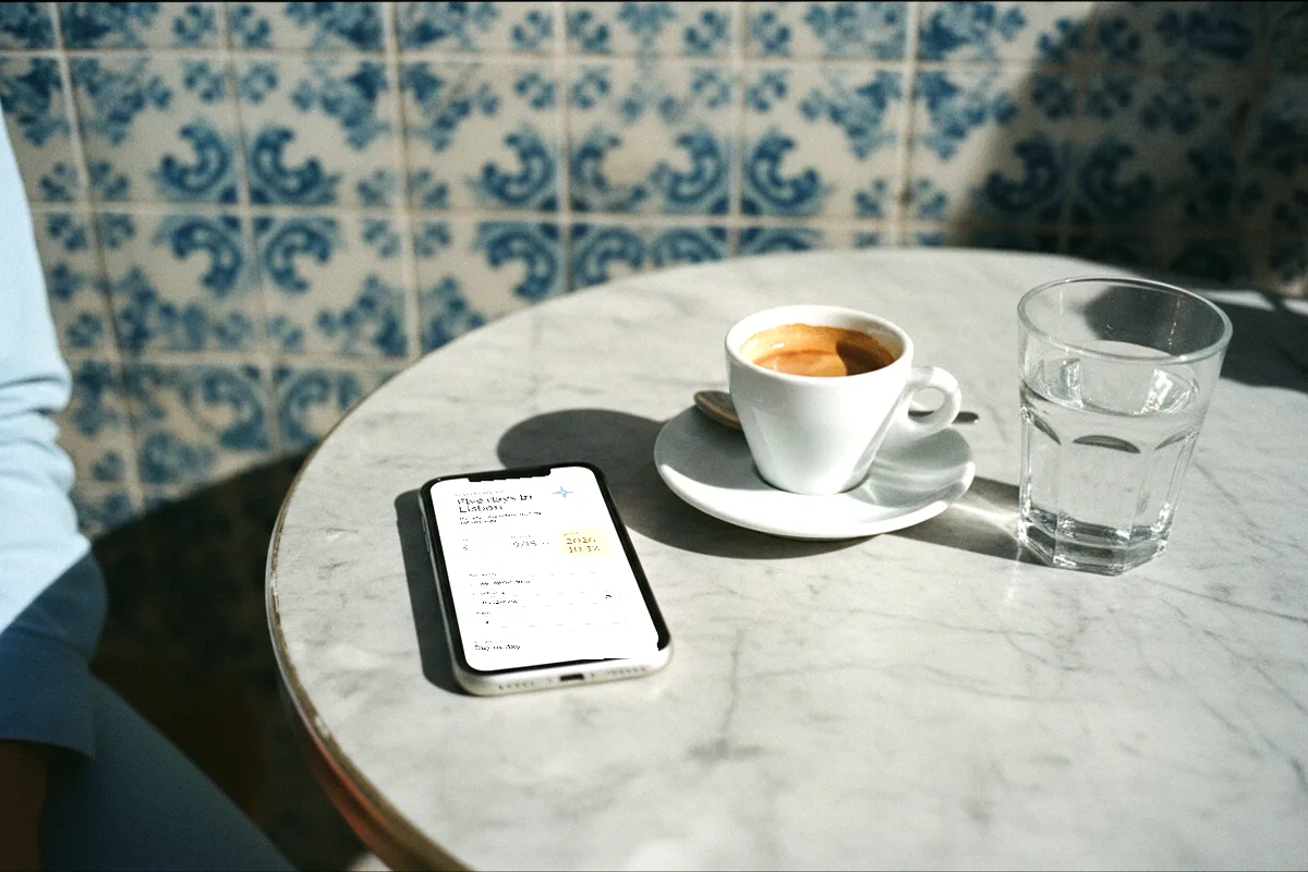 A phone face up on a Lisbon café table beside an espresso and azulejo tiles, showing day two of a trip itinerary app in hard midday sun.