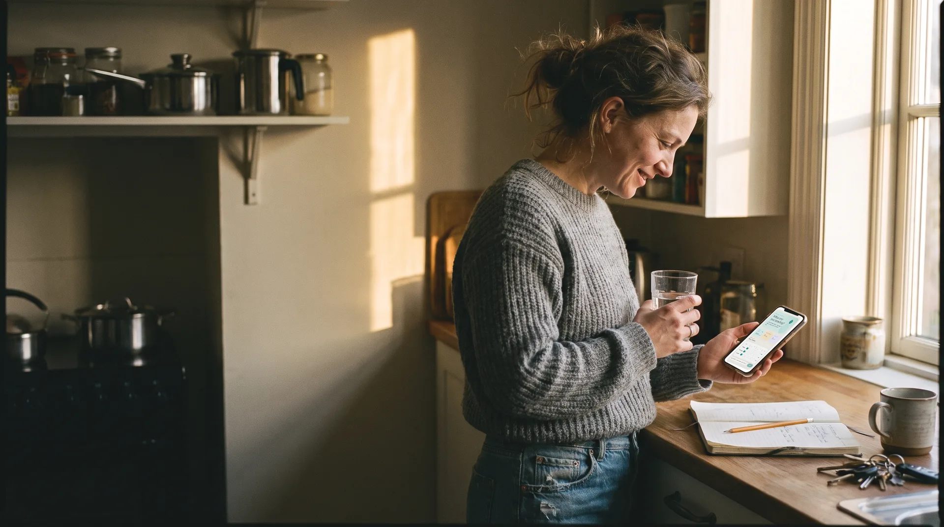 A phone propped against a glass jar of oats on a kitchen counter, running a habit streak app with two of three habits ticked, in low morning window light.