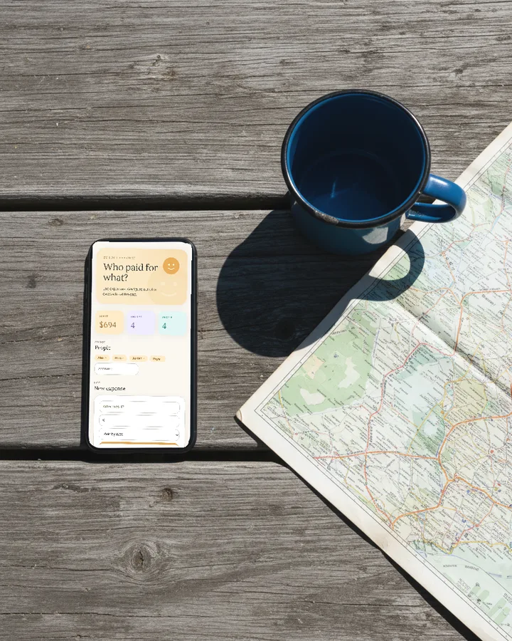 The Expense Splitter app on a phone laid on a weathered picnic table with a map and an enamel mug, photographed from above.