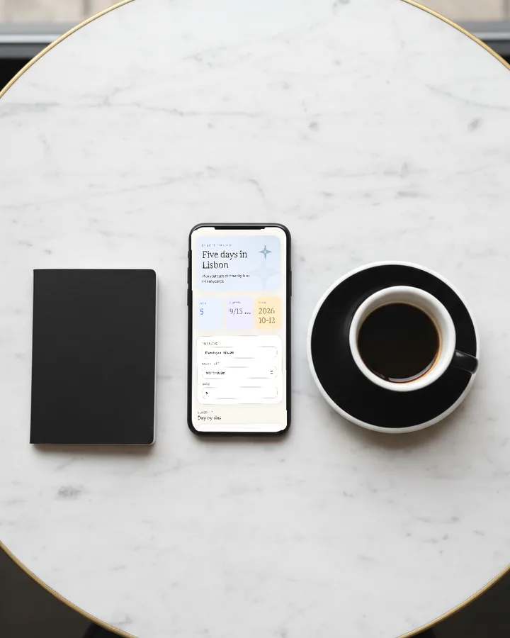 The Trip Itinerary app on a phone laid on a marble café table beside an espresso and a passport, photographed from above.