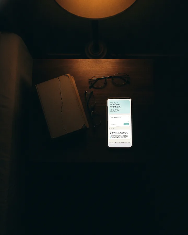 The Daily Reflection app on a phone laid on a walnut nightstand under lamp light, beside a paperback and reading glasses, photographed from above.