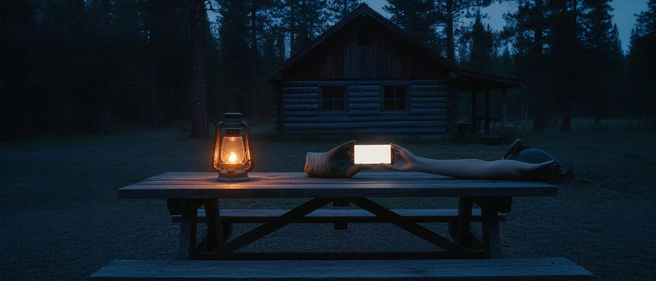 Hands passing a lit phone across the cabin table at blue hour, a lantern just lit beside it.