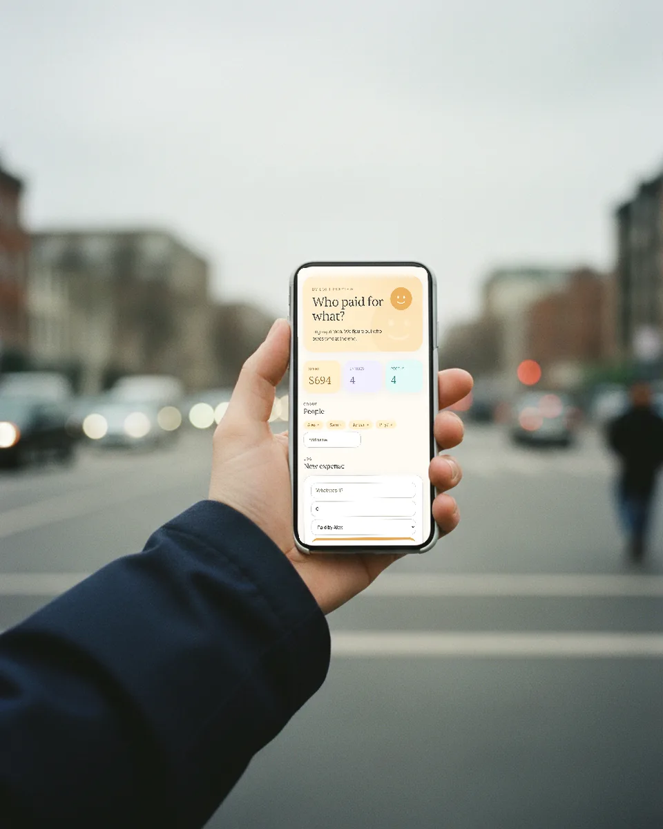A phone held up in one hand on an overcast street, the cabin expense splitter on the screen, ready to send.