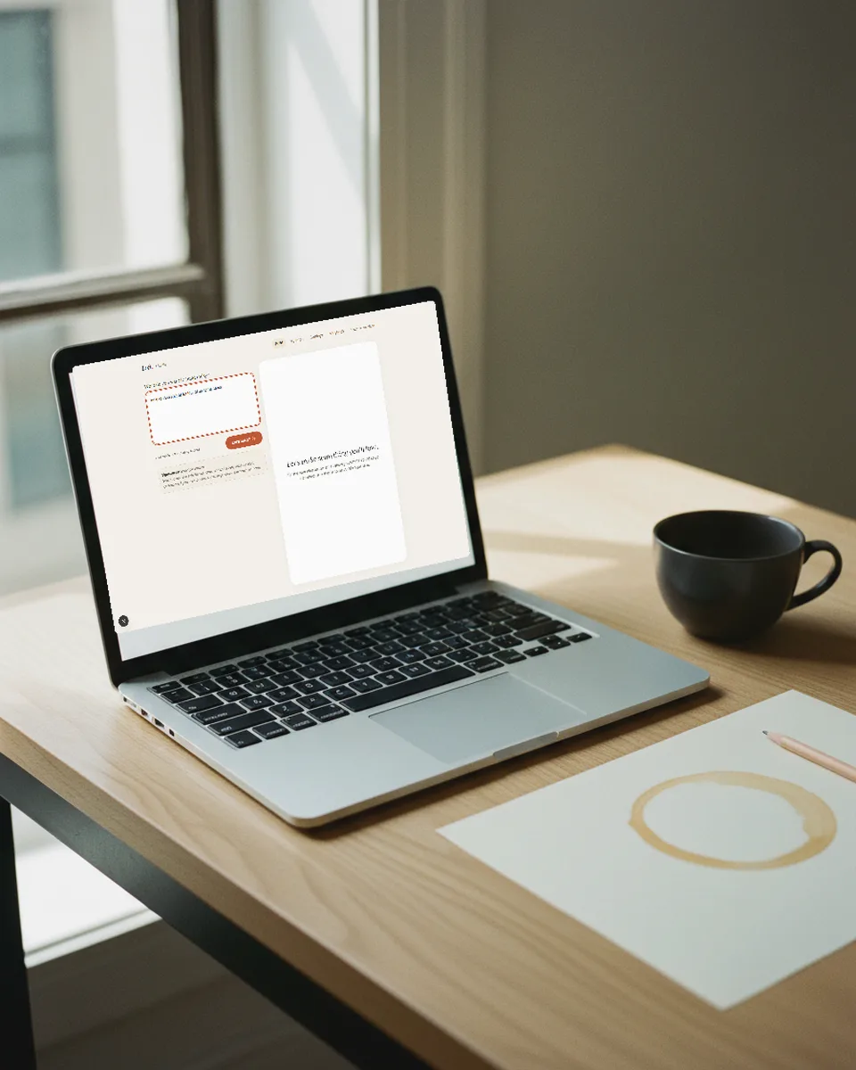 A laptop on a desk showing the Loft studio with one sentence typed, an expense splitter for four at the cabin, beside a coffee ring on paper.